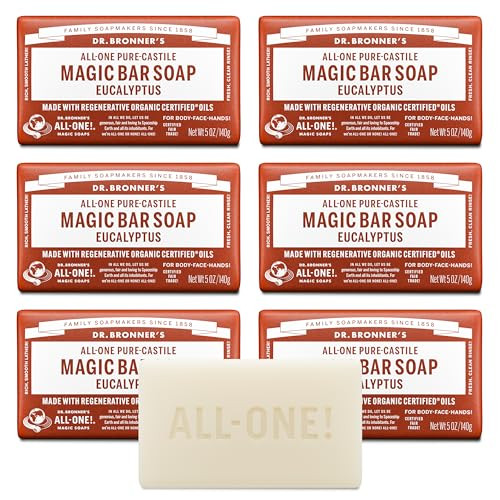Dr. Bronner's Pure-Castile Magic Soap Bars (Eucalyptus 5 oz 6-Pack)- Made with Regenerative Organic  Oils for Face Body & Hair - Gentle Vegan- Bar Soaps for Men & Women