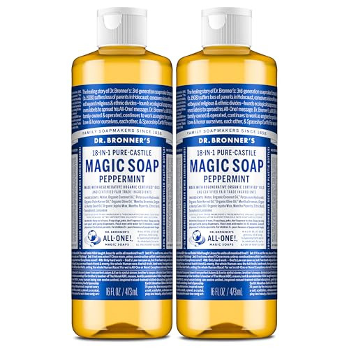 Dr. Bronner's Pure-Castile Magic Liquid Soap (Peppermint 8 Ounce)- Made with Organic Oils 18-in1 Uses: Face Hair Hand & Body Soap Laundry Pets- Concentrated Vegan Non-GMO