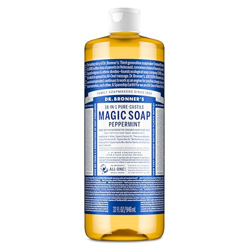 Dr. Bronner's Pure-Castile Magic Liquid Soap (Peppermint 8 Ounce)- Made with Organic Oils 18-in1 Uses: Face Hair Hand & Body Soap Laundry Pets- Concentrated Vegan Non-GMO