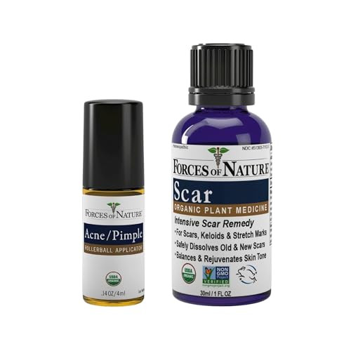 Forces of Nature Acne (0.14 fl oz) & Scar (1 fl oz) Treatment Bundle – Organic Roll-Ons for Pimples Blackheads Spot Treatment and Scar Care for Post-Acne – Non-GMO No Alcohol No Harsh Chemicals