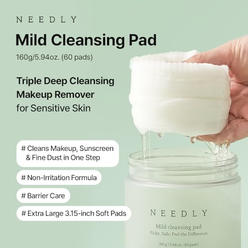 NEEDLY NEEDLY Mild Cleansing Pad Makeup Remover for Sensitive Skin Triple Deep Cleansing Barrier Care with Only Two Surfactants & Panthenol Extra-Large Soft Vegan Pad Korean Skincare