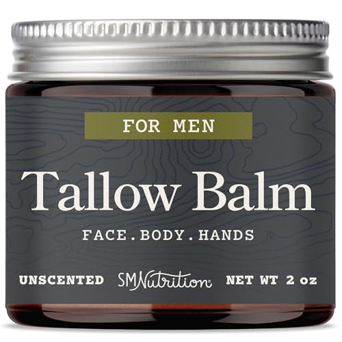 SMNutrition Beef Tallow Balm for Men  Face & Body  Men’s Beef Tallow for Skin Health & Barrier Support  Unscented  Moisturizing Face Body & Hands Balm with Organic Beeswax  Grass-Fed & Cruelty-  2 oz