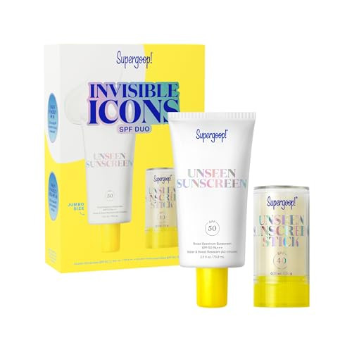 Supergoop Invisible Icons SPF Set - Includes Unseen Sunscreen Broad Spectrum SPF 50 PA+++ (2.5 oz) & Unseen Sunscreen Stick SPF 40 (0.7 oz).