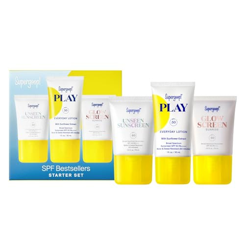 Supergoop SPF Bestsellers Starter Set - Includes PLAY Everyday Lotion SPF 50 (1 fl oz) Unseen Sunscreen SPF 40 (0.5 fl oz) & Glowscreen SPF 40 (0.5 fl oz)