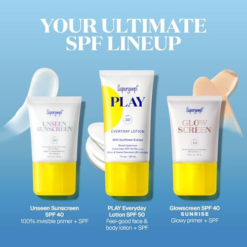 Supergoop SPF Bestsellers Starter Set - Includes PLAY Everyday Lotion SPF 50 (1 fl oz) Unseen Sunscreen SPF 40 (0.5 fl oz) & Glowscreen SPF 40 (0.5 fl oz)