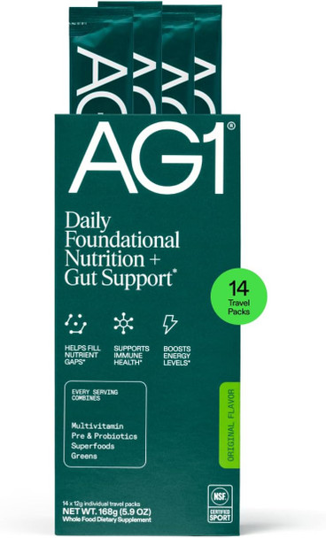 AG1 Athletic Greens Powder Supplement Improve Gut Health Multivitamin Probiotic Gluten Free Vegan and Keto Friendly 75 Vitamins (Travel Packs, 14 Count)  Classic Formula