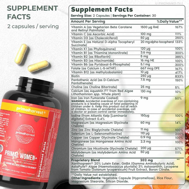 Primal Harvest Women+, Woman's Multivitamin Vitamin A, Vitamin C, Vitamin D and E, Vitamin B12, B6, Biotin, Zinc Supplements,1 Pack 60 Capsules