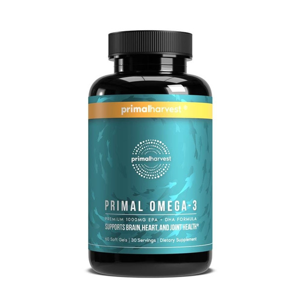 Primal Harvest Omega 3 Fish Oil Supplements, 30 Servings Soft Gels Capsules w/ 1000mg EPA + DHA Supplements, No Fishy Burps Non-GMO Omega 3 Fatty Acid - 60 Softgel