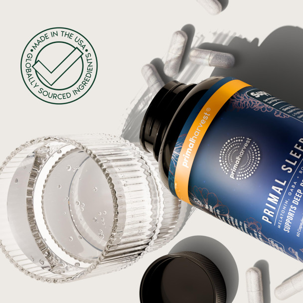 Primal Harvest Primal Sleep Support Supplement for Adults with Melatonin, GABA, Valerian Root, L-Tryptophan, Magnesium Bisglycinate Chelate, and Chamomile for Deep Restful Sleep - Unflavoured - 60 Capsule