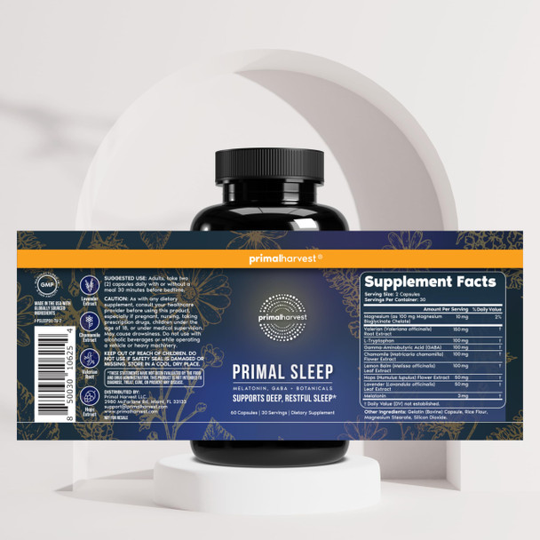 Primal Harvest Primal Sleep Support Supplement for Adults with Melatonin, GABA, Valerian Root, L-Tryptophan, Magnesium Bisglycinate Chelate, and Chamomile for Deep Restful Sleep - Unflavoured - 60 Capsule