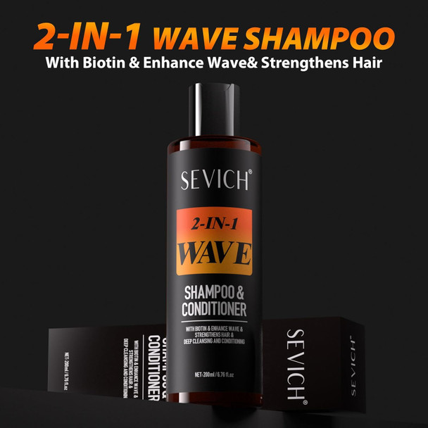 SEVICH 2-in-1 Wave Shampoo & Conditioner for Black Men | Curl-Enhancing Formula with Biotin, Ginseng & Castor Oil | Deep Cleansing & Moisturizing | 200ml/6.76fl.oz