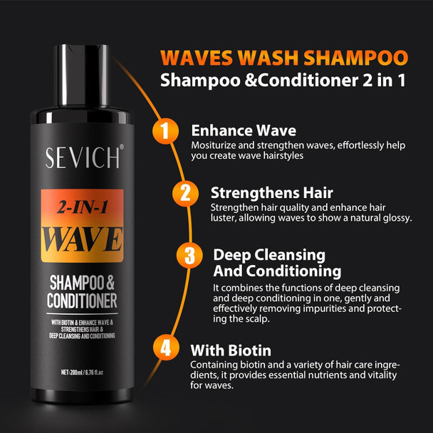 SEVICH 2-in-1 Wave Shampoo & Conditioner for Black Men | Curl-Enhancing Formula with Biotin, Ginseng & Castor Oil | Deep Cleansing & Moisturizing | 200ml/6.76fl.oz
