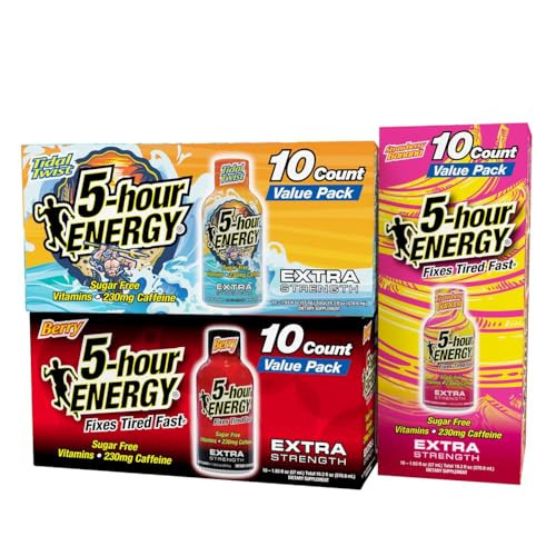 5Hour Energy Extra Strength Shots Variety Pack 30 Count (1.93 Fl Oz) Extra Strength Berry Tidal Twist Strawberry Banana Flavors