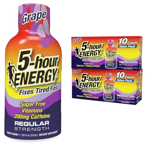 5Hour Energy Regular Strength Energy Shot 1.93Oz 20Pack “ Sugar Caffeine Energy Booster With Bvitamins & Amino Acids “ Zero Calorie (20 Bottles “ Single Flavor Grape Regular Strength)