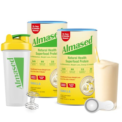 Almased Meal Shakes For Weight Loss Protein Powder Starter Kit (Almond Vanilla Flavor 2 Cans Of 17.6 Oz + Shaker Bottle + Scoop)