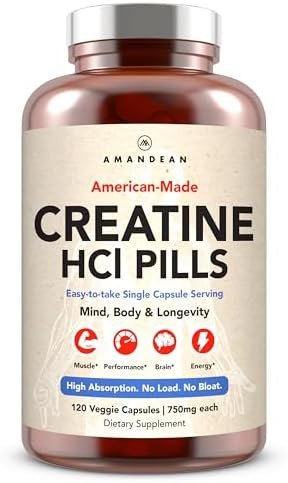 Amandean Creatine Hcl Pills. American Made Concret. 120 Capsules. 7X Concentrated Vs Monohydrate Powder. No Bloat. Muscle Energy Cognitive Recovery Support For Men & Women. Gluten Nongmo.