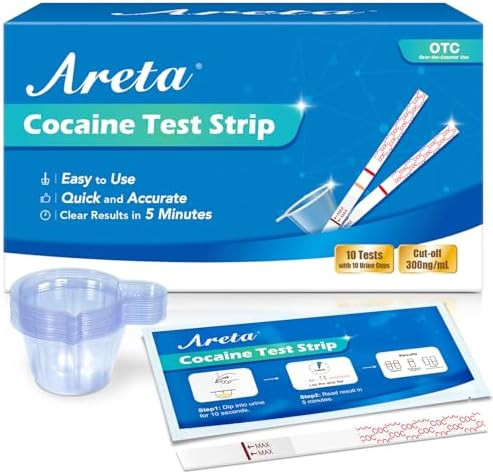 Areta Cocaine Test Strip: Highly Sensitive Cocaine Drug Test Strips 10 Pack Cocaine Home Screen Testing Kit 300 Ng/Ml Cutoff Instant Results In 5 Min #Ascoc114