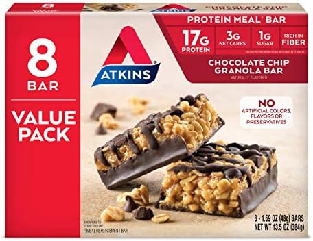 Atkins Chocolate Chip Granola Protein Meal Bar High Fiber 17G Protein 1G Sugar 3G Net Carbs Meal Keto Friendly 8 Count