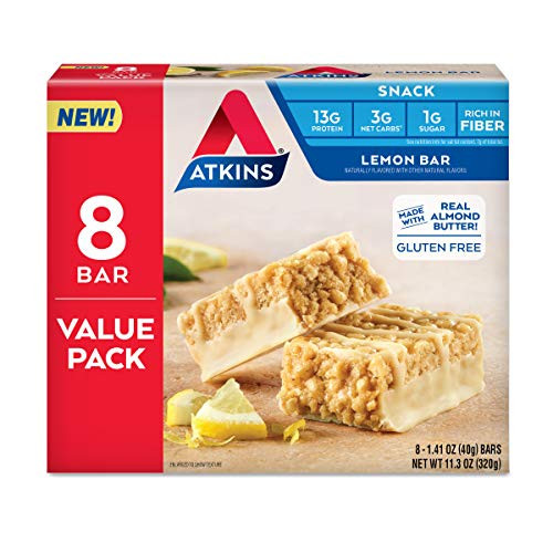 Atkins Lemon Snack Bar Made With Real Almond Butter 1G Sugar Gluten High In Fiber Keto Friendly 8 Count