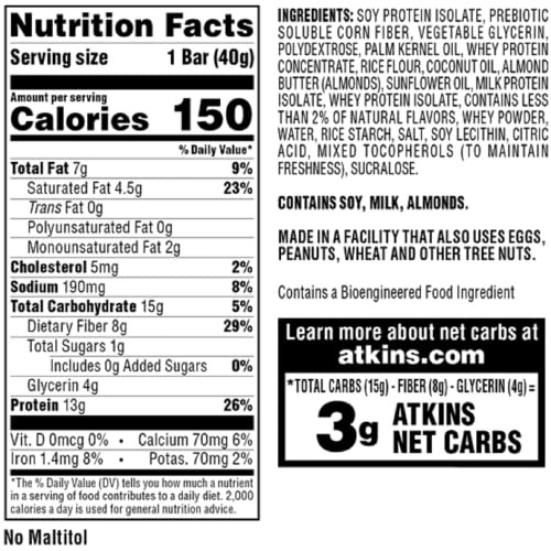Atkins Lemon Snack Bar Made With Real Almond Butter 1G Sugar Gluten High In Fiber Keto Friendly 8 Count