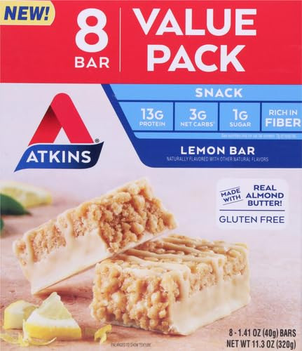 Atkins Lemon Snack Bar Made With Real Almond Butter 1G Sugar Gluten High In Fiber Keto Friendly 8 Count