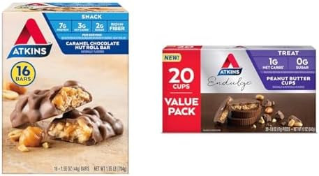 Atkins Caramel Chocolate Nut Roll Snack Bar Protein Snack High In Fiber 2G Sugar 16 Count & Endulge Peanut Butter Cups Dessert Favorite Low Carb 0G Sugar 20 Count