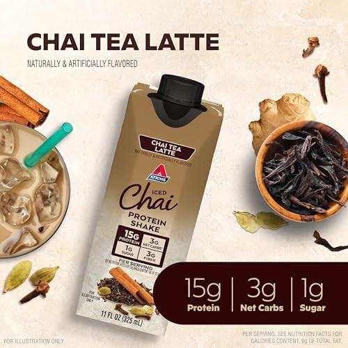 Atkins Chai Tea Latte Protein Shake 15G Protein Low Glycemic 3G Net Carb 1G Sugar Keto Friendly & Cafã Caramel Iced Coffee Protein Shake 15G Protein Low Glycemic 3G Net Carb 1G Sugar