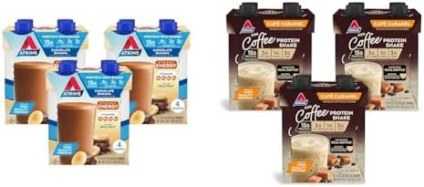 Atkins Chocolate Banana Protein Shake 15G Protein & Cafã Caramel Iced Coffee Protein Shake 15G Protein Low Glycemic 3G Net Carb 1G Sugar Keto Friendly