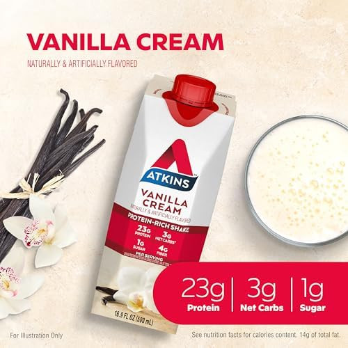 Atkins Vanilla Cream Meal Size Protein Shake 23G Protein Low Glycemic & Milk Chocolate Delight Protein Shake 15G Protein Low Glycemic 2G Net Carb 1G Sugar Keto Friendly 12 Count