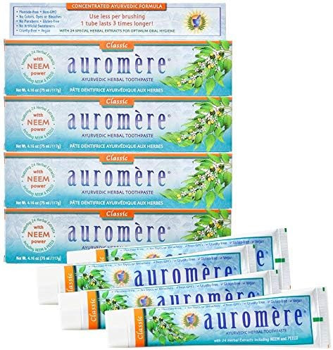 Auromere Ayurvedic Herbal Toothpaste Classic Licorice Flavor Vegan Natural Non Gmo Fluoride Gluten With Neem & Peelu (4.16 Oz) 4 Pack