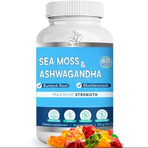 Bio Vitalica Sea Moss Ashwagandha Gummies Organic Irish Seamoss & Ashwagandha Root Supplements For Supporting Energy For Men & Women 60 Vegan Gummies