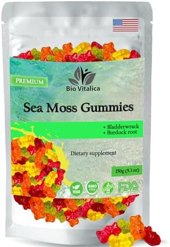 Bio Vitalica Sea Moss Gummies Irish Sea Moss Raw Organic Bladderwrack Burdock Root. Contains Sea Moss Gel And Powder. Superfoods For Vegan Keto And Dr Sebi Diet. Immune Boosting (1 Original)