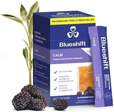 Blueshift Stress Relief Drink Mix For Adults “ Blackberry¯Sage Ashwagandha Lemon Balm L‘Theanine Gaba & B‘Vitamins Zero‘Sugar Stick Packs “ Nondrowsy Cortisol Balance Calm 10¯Ct