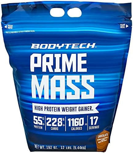 Bodytech Prime Mass Highcalorie Mass Gainer Supports Muscle Growth & Weight Gain Chocolate (12 Lb 17 Servings)