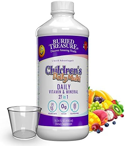 Buried Treasure Children'S Daily Multi Liquid Multivitamin & Minerals Nutritional Dietary Vegan Supplement For Kids No Artificial Ingredients Nongmo Natural Fruit Flavors 16 Oz W/Dose Cup