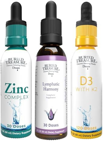 Buried Treasure Vitamin D3 K2 Ionic Zinc & Lymphatic Harmony Liquid Drops Supplement Bundle