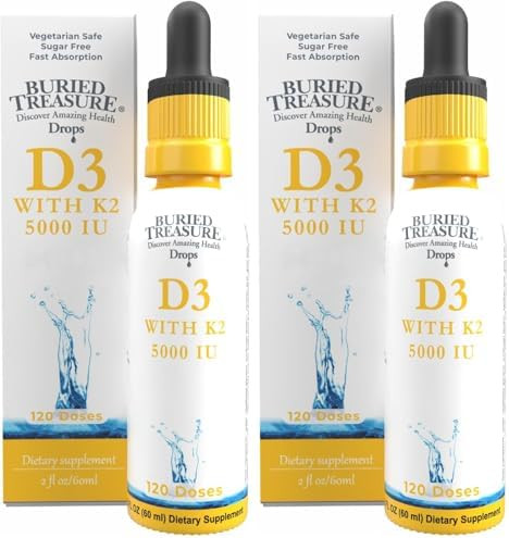 Buried Treasure Vitamin D3 & K2 Drops 5000 Iu D3 With 100 Mcg K2 For Bone Heart & Immune Support Sugar 2 Fl Oz