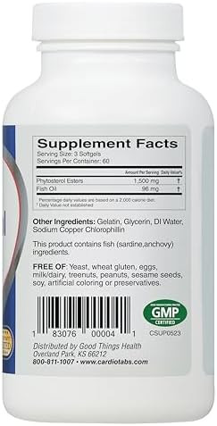 Cardiotabs Cardiosterol 1.5 Grams Of Plantbased Phytosterol Esters Plus Fish Oil Cholesterol Support Supplement Contains Mixed Tocopherols Plant Sterols Supplement 60 Day Supply 180 Softgels