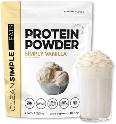 Clean Simple Eats Whey Protein Powder Simply Vanilla Flavor Naturally Sweetened 100% Grass Fed Protein Powder With Digestive Enzymes & No Artificial Ingredients Gluten 30 Servings
