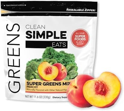 Clean Simple Eats Super Greens Powder Naturally Flavored Greens Powder With Chlorella Spirulina Superfoods & Prebiotic Fiber No Artificial Ingredients Gluten Peachy Greens Flavor 30 Srvgs