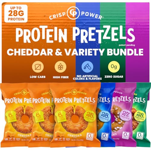 Crisp Power Cheddar & Variety Duo Protein Pretzel Snack Pack (6 Bags) “ Savory Cheddar & Variety Mix “ Up To 28G Protein Per Pack Low Carb Vegan Plantbased Keto Baked Savory Pretzel Bites