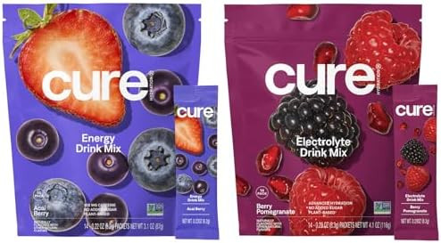 Cure Hydration Plantbased Electrolyte Drink Mix Energy & Dehydration Bundle No Sugar Coconut Water 100Mg Caffeine Nongmo Vegan 14Pack Each: Acai Berry & Berry Pomegranate