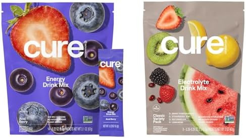 Cure Hydration Plantbased Electrolyte Drink Mix Energy & Dehydration Bundle No Sugar Coconut Water 100Mg Caffeine Nongmo Vegan 14Pack Acai Berry & 8Pack Classic Variety