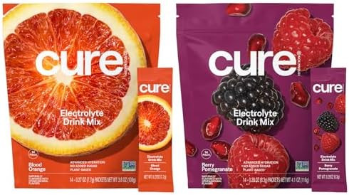 Cure Hydration Bundle Plantbased Electrolyte Drink Mix No Added Sugar Fsahsa Dehydration Relief Powder Made With Coconut Water Vegan 28 Packets Blood Orange & Berry Pomegranate