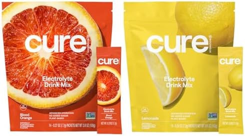 Cure Hydration Bundle Plantbased Electrolyte Drink Mix No Added Sugar Fsahsa Dehydration Relief Powder Made With Coconut Water Vegan 28 Packets Blood Orange & Lemonade