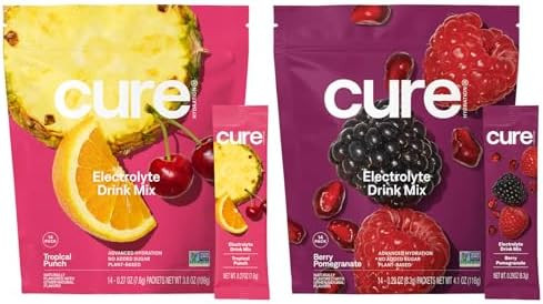 Cure Hydration Bundle Plantbased Electrolyte Drink Mix No Added Sugar Fsahsa Dehydration Relief Powder Made With Coconut Water Vegan 28 Packets Berry Pomegranate & Tropical Punch