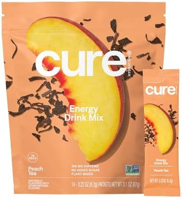 Cure Hydration Performance Plantbased Electrolyte Energy Drink Mix No Added Sugar Dehydration Relief Powder 100Mg Of Caffeine Nongmo Vegan Pouch Of 14 Packets Peach