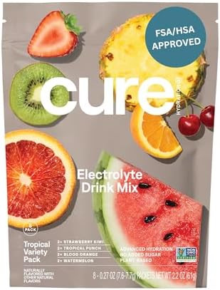 Cure Hydration Plantbased Electrolyte Drink Mix No Added Sugar Fsahsa Dehydration Relief Powder Made With Coconut Water Nongmo Vegan 28 Packets Variety Pack