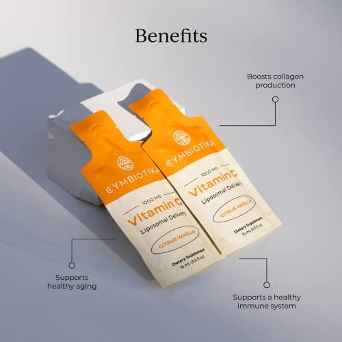 Cymbiotika Vitamin C Individual Packets Liposomal Delivery Supplement For Immune Support Collagen Boost & Healthy Aging Skin Hydration Packets Citrus Vanilla Flavor 30 Count
