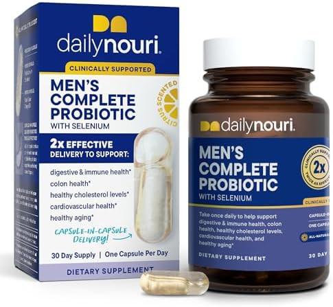 Dailynouri Mens Complete Probiotic Supports Digestion Immunity Colon Health Cardiovascular Function Cholesterol 5 Clinically Studied Strains + Selenium & Vegan Omega